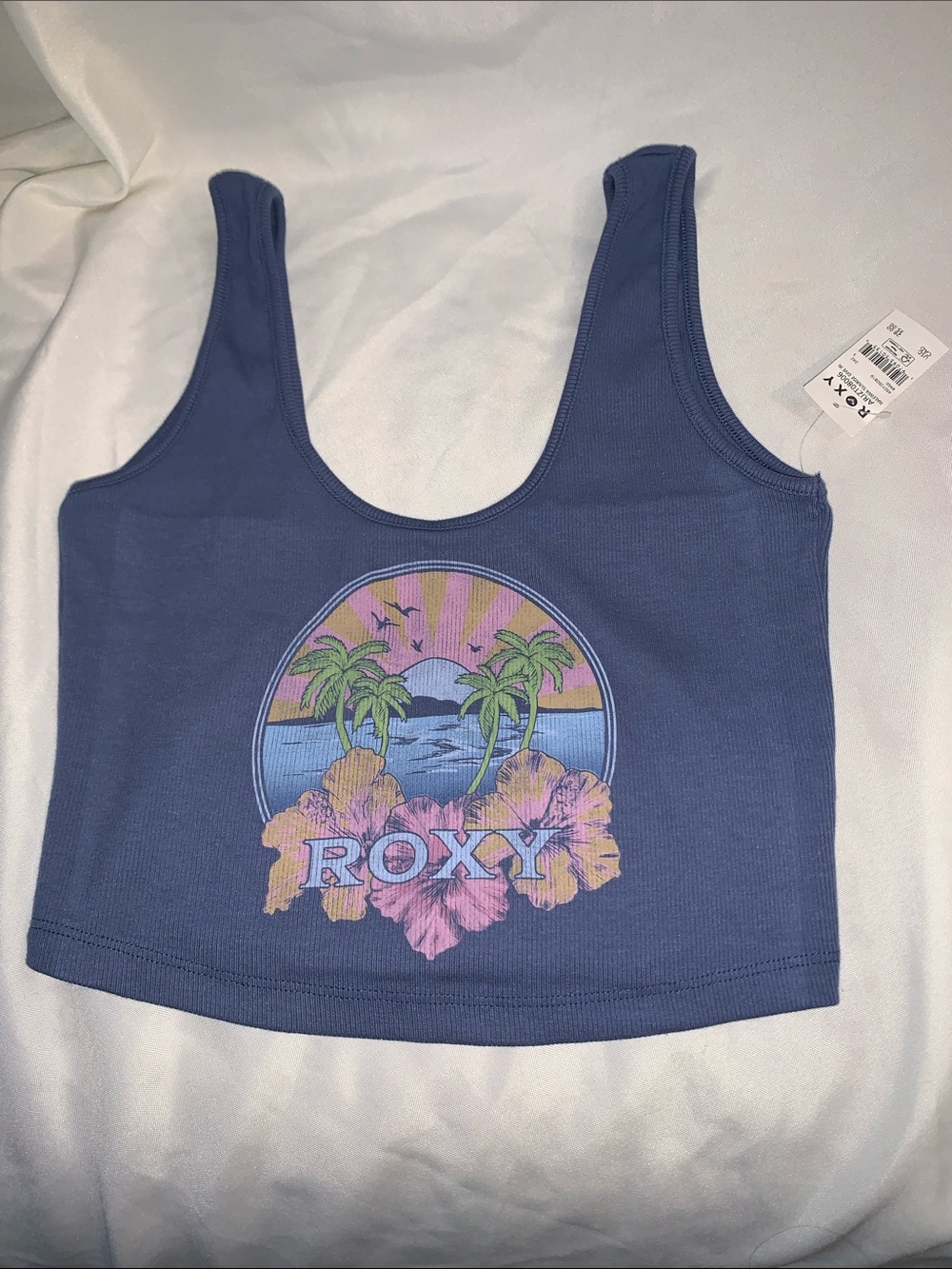 Roxy Purple-Blue Crop Tank with Tropical Sunset Graphic
